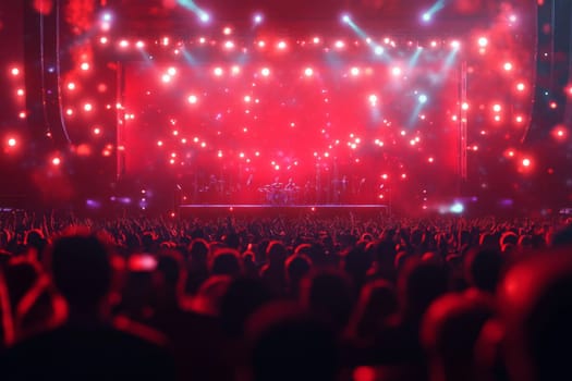 The stage during a concert is lit with bright red light and floodlights. High quality photo