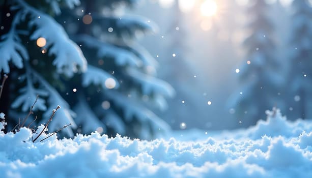 A beautiful winter background with soft, fluffy snow in the foreground, blurred trees in the background, and a bright sun shining through the snow. Perfect for creating a wintery, magical feel in your designs. Use it as a background for winter holiday themes, as a texture for a wintery scene, or to add a touch of winter to your designs. ,