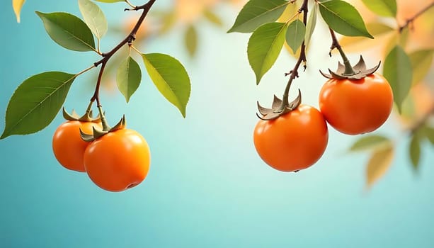 A close-up image of three vibrant orange persimmons hanging from a branch with green leaves against a soft blue background. The persimmons are ripe and plump, with a glossy finish. The image is perfect for use in food, agriculture, and nature-related projects. The simple composition and soft colors create a peaceful and inviting feel, making it ideal for use in websites, magazines, and social media.