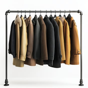 Men's outerwear hanging on hangers on white isolated background. High quality photo
