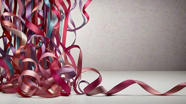 A beautiful composition of colorful ribbons arranged in a dynamic and artistic way against a white background. This image can be used for various purposes, including celebrating special occasions, promoting gift wrapping, or creating elegant backgrounds for design projects. The ribbons are arranged in a way that creates a sense of movement and energy, and the colors are bright and vibrant. This image is perfect for adding a touch of elegance and festivity to any project.