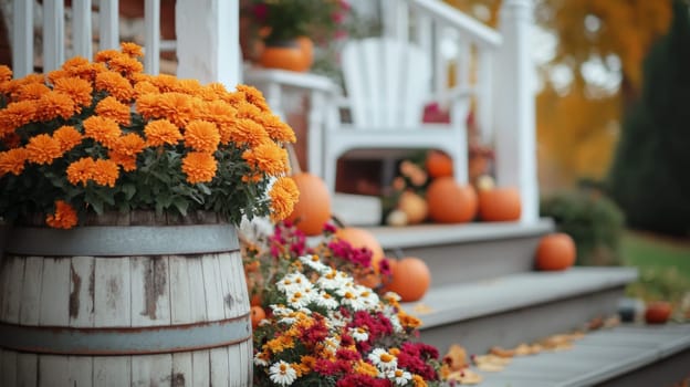 Decorating the porch and front door with pumpkins and fall flowers. Decorating the house for the traditional holiday. High quality photo