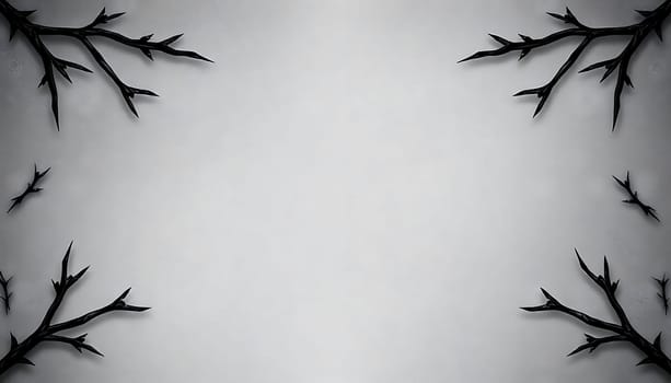 A simple yet striking image featuring black branches arranged to form a frame on a white background. Perfect for adding a touch of elegance or mystery to your designs. Use this image for invitations, posters, website headers, social media graphics, and more.,