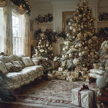 An interior design with a brown couch, Christmas trees, and presents, inside a wooden building. The house is filled with holiday decorations and ornaments, seen through the window