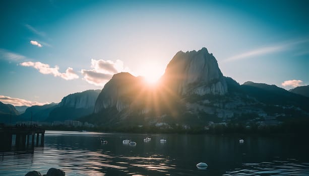 A breathtaking view of a mountain lake at sunset. The sun is setting behind a majestic mountain range, casting a warm glow over the water. Boats dot the calm surface of the lake, creating a peaceful and idyllic scene. The image evokes a sense of tranquility and beauty, perfect for projects related to travel, nature, or relaxation.