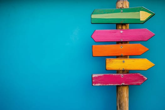 Wooden pole with multicolored arrows pointers on isolated blue background. High quality photo