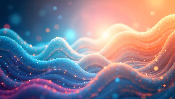 This abstract image features a mesmerizing wave pattern with soft blue and orange colors, illuminated with a delicate scattering of glowing lights. The image evokes a sense of calm and serenity, with the flowing lines creating a hypnotic effect. This image can be used for a variety of purposes, including web design, branding, and social media. It is also well-suited for creating backgrounds for presentations, reports, and other documents.,