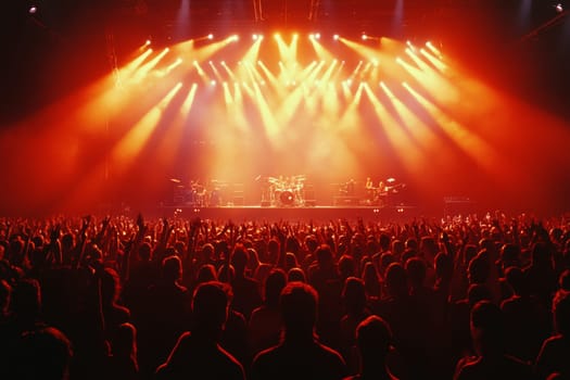 The stage during a concert is lit with bright red light and floodlights. High quality photo