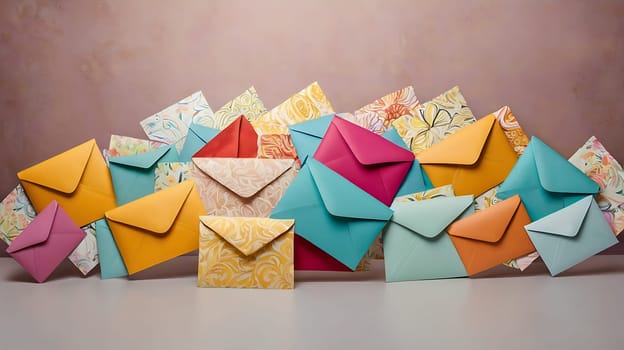 A vibrant collection of colorful envelopes with various floral patterns and designs, ideal for adding a touch of elegance and style to your projects. The envelopes are arranged in a visually appealing and creative way, creating a sense of anticipation and mystery. They are perfect for showcasing your brand, adding a decorative element to your designs, or promoting your services related to stationery, crafting, or mail. Use this image for marketing materials, websites, blogs, social media posts, and more.,