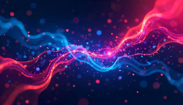A captivating abstract background with a vibrant red and blue color scheme. The image features swirling lines of light with a delicate sparkle effect, creating a sense of movement and energy. The dark blue background and subtle bokeh create a visually stunning and versatile backdrop for various design projects. Perfect for presentations, website backgrounds, social media, and more.,