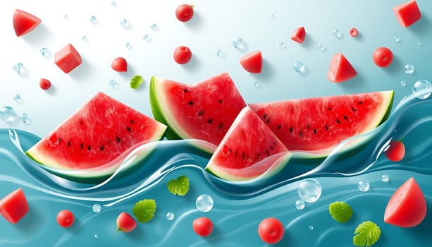 A refreshing image featuring juicy watermelon slices floating on a wave of clear blue water. The scene is accented with small red berries and green leaves, creating a vibrant and summery visual. This image is perfect for showcasing the taste and coolness of watermelon, ideal for use in advertising, packaging, and editorial projects related to summer, food, and beverages.