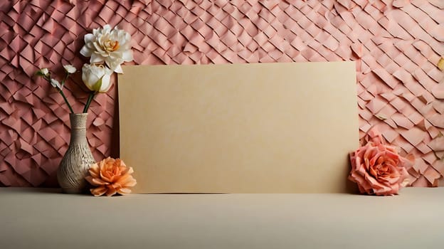 A versatile mockup featuring a blank beige paper sheet in front of a pink floral background, ideal for displaying products, branding, and creative projects. The textured background and soft lighting create a warm and inviting atmosphere. The paper is perfect for showcasing your designs, typography, or product packaging. The image is high-resolution and suitable for both print and digital use.,