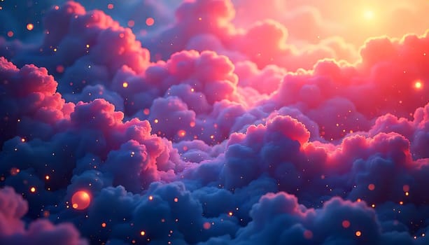 This captivating image features a mesmerizing sky filled with fluffy pink and blue clouds. Glowing lights sprinkle throughout the scene, creating a magical and ethereal ambiance. Perfect for projects related to dreams, fantasy, imagination, or celestial themes.,