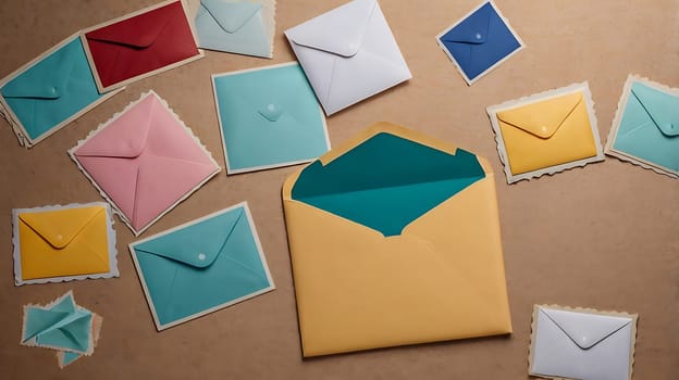 A flat lay image of colorful envelopes scattered on a brown background. The envelopes are in various shades of blue, green, yellow, pink and red, and some are open to reveal the inner lining. This image is perfect for projects related to communication, mail, correspondence, sending letters, stationery, and more. It can be used for blogs, websites, social media, and other marketing materials.,