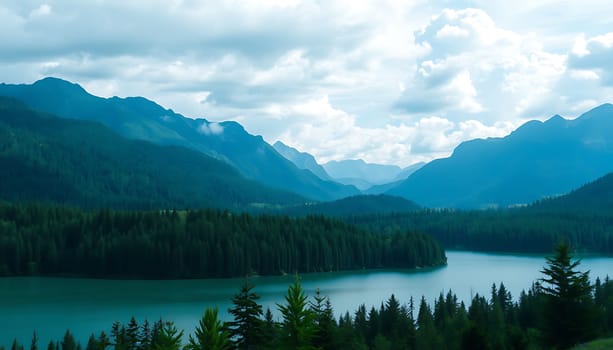 A serene landscape image featuring a tranquil mountain lake nestled amidst lush evergreen forests. The blue sky is adorned with fluffy white clouds adding depth and beauty to the scene. This photo is perfect for projects related to nature, tranquility, and outdoor recreation. ,