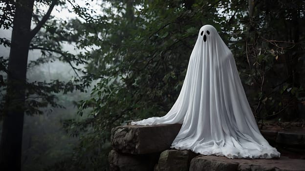A ghostly figure, draped in a white sheet, stands on a rock formation in a misty forest. The ethereal atmosphere and soft lighting create a sense of mystery and intrigue, making this image perfect for Halloween-themed projects, fantasy stories, or any project requiring a spooky and atmospheric element. The image is also suitable for use in advertising, websites, and social media. The image has a high resolution and is available in multiple file formats.,