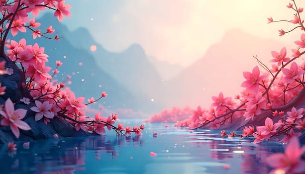 A serene and ethereal landscape with pink flowers blooming over a tranquil body of water. The soft lighting creates a dreamy atmosphere, perfect for backgrounds, website designs, or any project requiring a touch of serenity and beauty. The image is available in high resolution for maximum detail and impact.