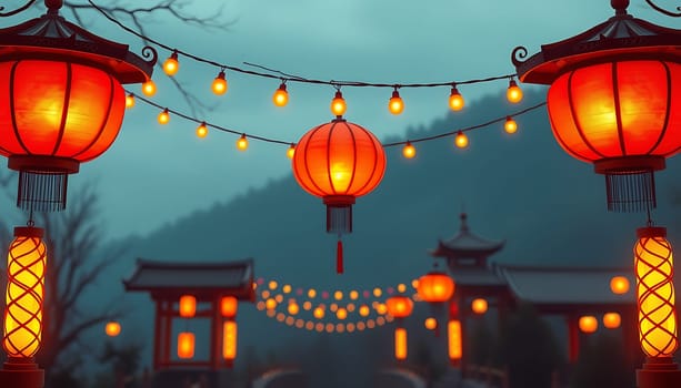 A picturesque scene of red Chinese lanterns illuminating a traditional pagoda. The lanterns are strung across a path leading to the pagoda, creating a magical and festive atmosphere. The image evokes a sense of celebration, tradition, and beauty. Perfect for projects related to Chinese New Year, festivals, or Asian culture.