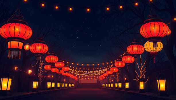 A magical scene of a street lined with glowing red lanterns and twinkling fairy lights, creating a warm and inviting atmosphere. The lanterns hang from trees, casting a soft glow on the surrounding area. Perfect for projects related to celebration, festivity, and night time ambiance. The image evokes a sense of joy, warmth, and togetherness, making it ideal for illustrating concepts of community, tradition, and cultural celebration. It's a versatile image that can be used for a variety of purposes, including websites, brochures, social media posts, and more.,