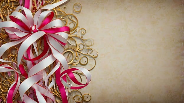 This image features a beautiful pink and white ribbon bow tied in a classic style. The bow is accented with gold swirls and set against a soft beige background. It's perfect for adding a touch of elegance and sophistication to projects related to celebrations, gift wrapping, and special occasions.,