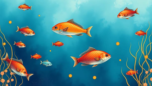 A vibrant illustration featuring a school of colorful fish swimming in a clear blue ocean. The fish are depicted with realistic detail, making them ideal for use in educational materials, children's books, or for adding a touch of whimsy to any design. The image features a variety of fish sizes, shapes, and colors, adding visual interest and capturing the beauty of underwater life. The blue background creates a serene and calming atmosphere. This illustration is perfect for projects related to the ocean, marine life, or simply adding a touch of nature to your design.