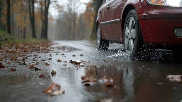 Safe journey: vehicle cautiously navigating a damp roadway, emphasizing the importance of driving safety and vehicle control on slippery surfaces while adapting to challenging wet road conditions
