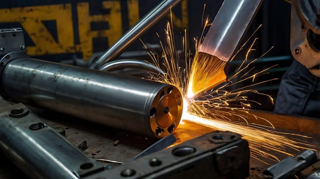 A close-up shot of a metal grinding process, showcasing the intense sparks flying from the grinder as it works on a metal component. This image captures the dynamic and exciting nature of industrial manufacturing, making it perfect for illustrating concepts related to engineering, fabrication, or heavy industry. The sparks are particularly striking against the dark background, creating a visually impactful composition. This photo can be used to illustrate a variety of themes such as innovation, precision, craftsmanship, and the power of machinery.