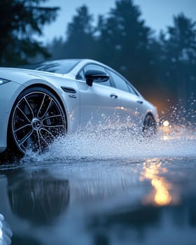 Safe journey: vehicle cautiously navigating a damp roadway, emphasizing the importance of driving safety and vehicle control on slippery surfaces while adapting to challenging wet road conditions