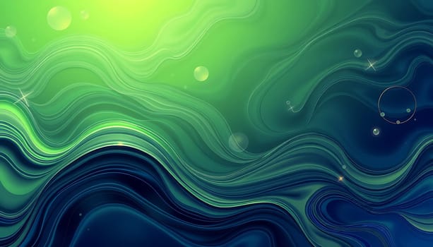 An abstract background with a dynamic, flowing design. Lush green and blue swirls, combined with shimmering, transparent orbs and subtle golden accents, create a mesmerizing visual. Ideal for projects requiring a modern and sophisticated aesthetic, this image can be used in various digital and print designs, such as website banners, social media graphics, brochures, and more.
