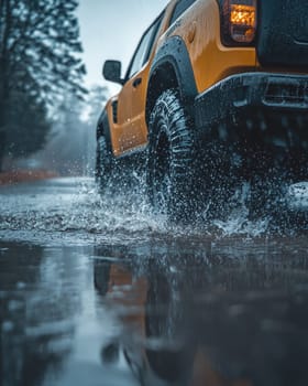 Cautious drive: vehicle carefully maneuvers on a slick road, illustrating the significance of maintaining control and awareness in adverse weather conditions to ensure safety and prevent accidents