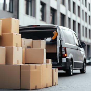 A delivery van is parked with its rear doors open, as a stack of cardboard boxes sits on the sidewalk. The setting is a modern city street filled with buildings, under clear skies.
