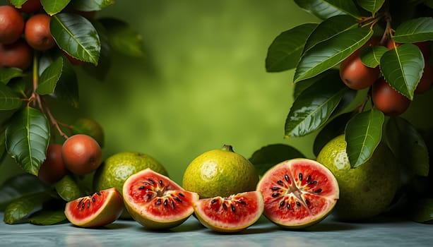 A still life image of a watermelon cut into four slices, revealing the juicy red flesh and black seeds. The watermelon is surrounded by whole green watermelons and green leaves, adding a natural and vibrant touch. This image is perfect for illustrating concepts of freshness, summer, and healthy eating, and can be used for various purposes such as food blogs, websites, social media posts, or advertising campaigns.