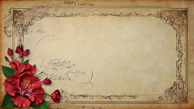 This vintage-inspired image features a beautiful, ornate frame with floral details and a delicate, antique aesthetic. The image is perfect for adding a touch of elegance and nostalgia to projects such as wedding invitations, scrapbook pages, and social media graphics. The background is a faded cream paper texture with a vintage floral border, perfect for adding text or images.,