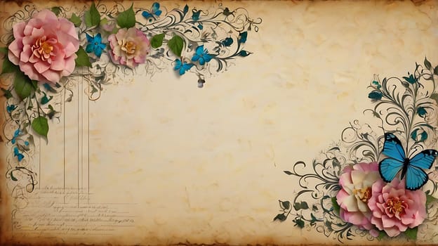 A beautiful vintage background featuring delicate pink flowers, intricate floral designs, and blue butterflies. The old paper texture creates a romantic and nostalgic feel, perfect for wedding invitations, scrapbooking, and other creative projects. This image can be used for both personal and commercial projects.