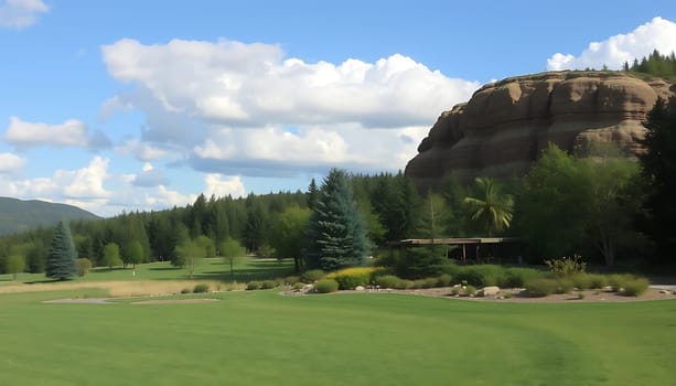 A stunning panoramic view of a golf course with a lush green fairway stretching out towards a dramatic rock formation in the background. The sky is a bright blue with fluffy white clouds adding to the scenic beauty. The scene is perfect for showcasing the tranquility and natural beauty of a golf course setting. The image can be used for promoting golf courses, tourism, and outdoor activities. ,