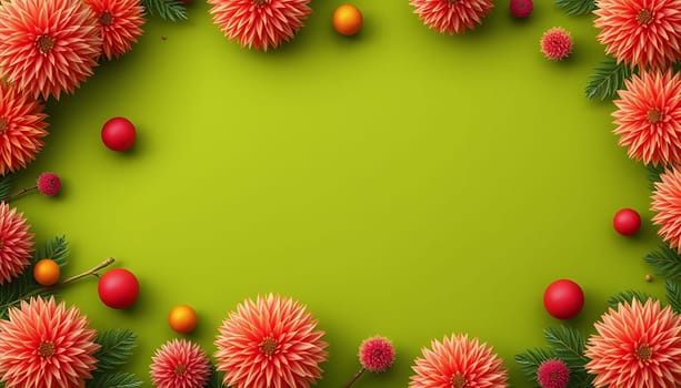 A vibrant and fresh floral frame with pink dahlias and greenery arranged around a green background, creating a perfect space for text, logo, or product display. Ideal for invitations, greetings, advertisements, and more. The soft, pastel colors and natural elements create a calming and elegant aesthetic.,