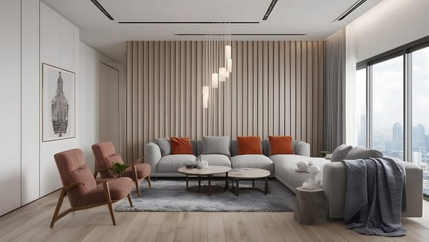 A modern living room interior design featuring a comfortable grey sectional sofa with orange throw pillows, two armchairs, a rug, two coffee tables and a sleek light fixture. The room features large windows with a breathtaking view of the city skyline. The image can be used for interior design blogs, websites, and magazines, as well as for promoting home decor products and services.