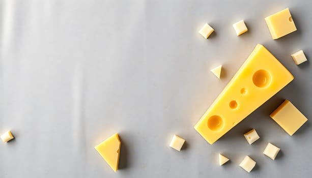 A top view image featuring Emmental cheese on a grey background. The cheese is arranged in a variety of shapes and sizes, and there is plenty of negative space. This image would be perfect for use in a blog post, cookbook, or advertisement for cheese. ,