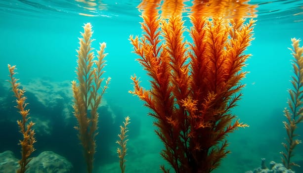 This image captures the beauty of underwater seaweed, showcasing vibrant orange and yellow hues against a backdrop of turquoise water. The image has a serene and peaceful quality, making it ideal for use in nature, marine life, and environmental themes. It can also be used in projects related to ocean conservation, scuba diving, and underwater photography. The image features a variety of seaweed species, adding to its natural beauty and visual appeal. The sunlight filtering through the water creates a soft, ethereal glow, enhancing the overall composition. The image is perfect for showcasing the beauty and fragility of marine ecosystems. It can be used in various creative projects, such as website backgrounds, brochures, posters, and educational materials.,