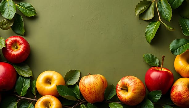 A close-up shot of red and yellow apples with green leaves on a green background. The image has a fresh and organic feel, perfect for advertising fresh produce, healthy eating, or autumnal themes. It can also be used as a background for recipes, cooking shows, or food blogs. The image is high-resolution and suitable for print and digital use.