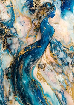 A mesmerizing display of blue and gold abstract art features flowing patterns and glimmering accents. The intricate swirls create depth and visual interest, inviting closer examination.