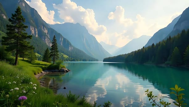 A serene scene showcasing a pristine mountain lake nestled amidst towering peaks. The clear, blue water reflects the majestic mountains and fluffy clouds in the sky. Lush greenery adorns the shores, creating a picturesque landscape perfect for relaxation and nature lovers. The image evokes a sense of peace and tranquility, ideal for travel, nature, and outdoor themes.