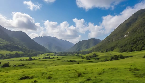 A breathtaking landscape featuring a vibrant green valley nestled between towering mountains. The scene is bathed in soft sunlight, creating a tranquil and idyllic atmosphere. The valley's rolling hills and lush vegetation offer a sense of serenity and natural beauty, while the surrounding mountains add a touch of grandeur. This image is perfect for projects related to nature, travel, and environmental conservation. It can be used as a background, illustration, or standalone piece to evoke feelings of peace and tranquility.,