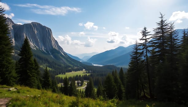 A breathtaking panoramic view of a valley nestled between towering mountains, showcasing lush greenery, pine trees, and a winding road. The image captures the tranquility and natural beauty of a mountain landscape, with the sun casting a warm glow on the scene. Ideal for travel, nature, and environmental themes.