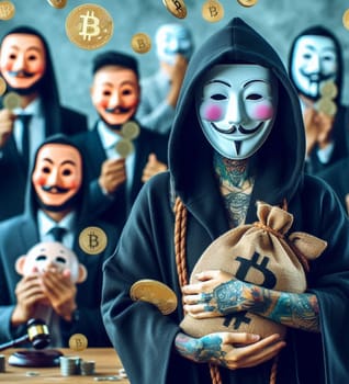 A man in a mask holding a Bitcoin coin. The man is surrounded by other people in masks