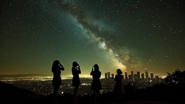 Four friends in los angeles capture the milky way above the skyline at night. Silhouetted against the dark sky while taking photos with their phones. Creating a blend of city lights and starry beauty