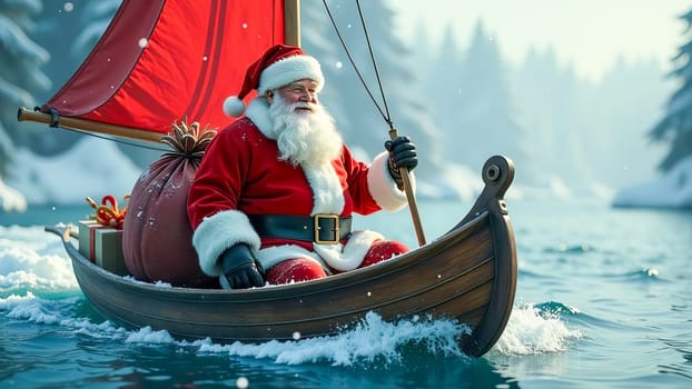 Santa Claus sailing on boat with sail with sack of presents. AI generated.