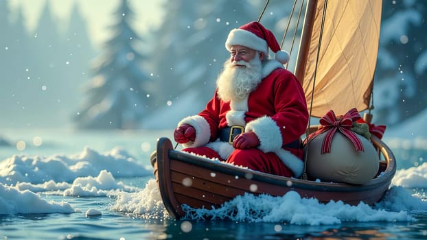 Santa Claus sailing on boat with sail with sack of presents. AI generated.