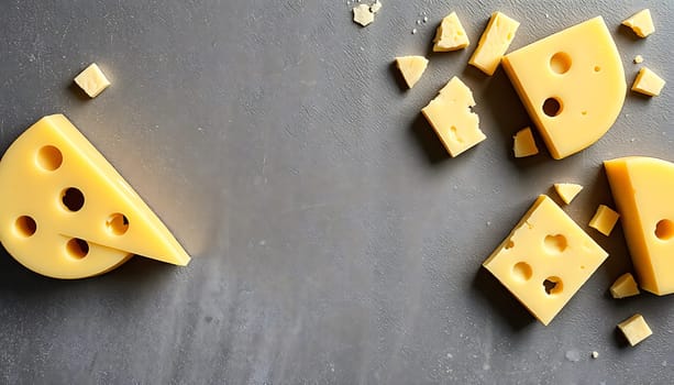 A top view of Swiss cheese slices arranged on a dark background. The cheese is fresh and yellow with large holes. The image is perfect for use in food blogs, recipes, and advertisements. It can also be used for any project related to food, cooking, and dairy products. The image has copy space for text or logos.,