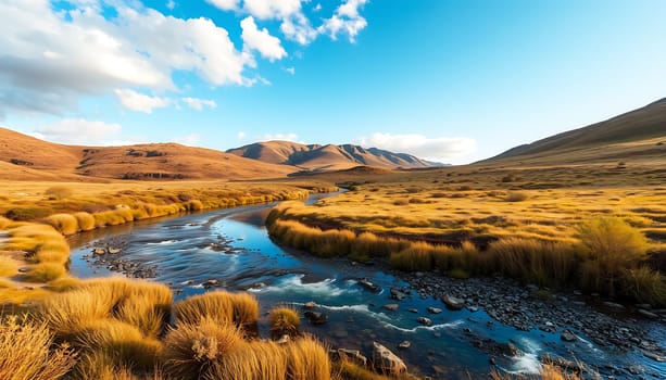A captivating image of a crystal-clear river winding through a serene mountain valley. The river's smooth surface reflects the blue sky and fluffy white clouds, creating a picturesque scene. Lush green grass covers the valley floor, adding to the tranquility of the landscape. The distant mountains, bathed in the golden light of the setting sun, create a sense of awe and grandeur. This image evokes a sense of peace and serenity, making it ideal for travel brochures, nature documentaries, or any project that requires a breathtaking depiction of wilderness beauty.,